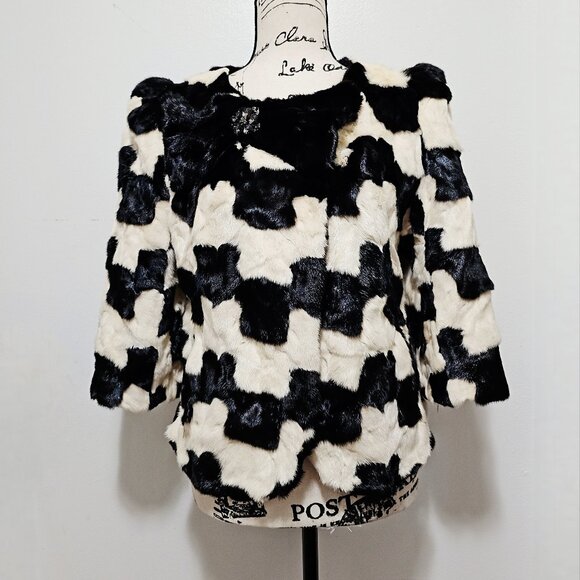 New Real Mink Fur Coat Blazer Jacket Black White Houndstooth Geometric Pattern - Picture 1 of 5